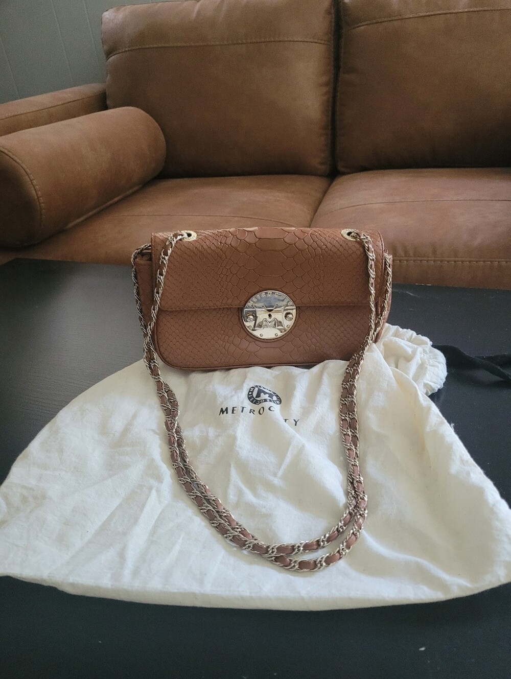 Metrocity Brown Textured Leather Crossbody Bag with Chain Strap